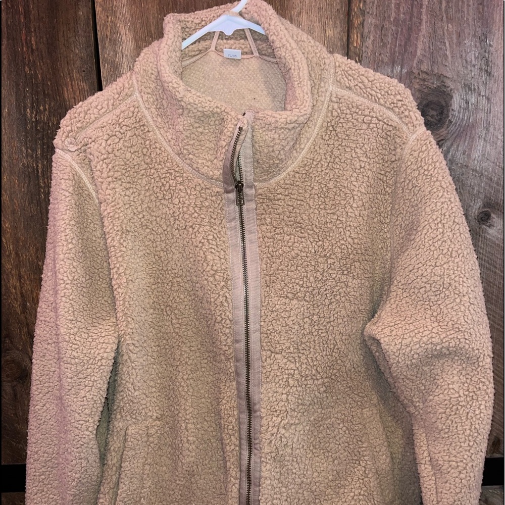 old navy, tan “teddy bear” zip up jacket